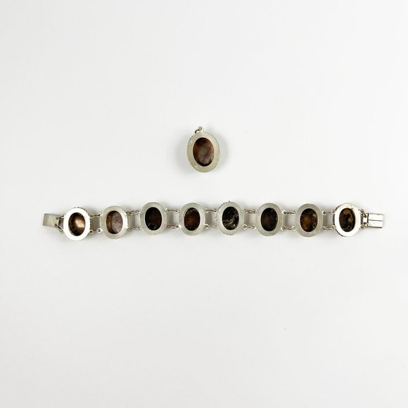 Vintage Silver Abalone Shell Cameo Set Bracelet Earrings Pendant Parure - Picture 9 of 12